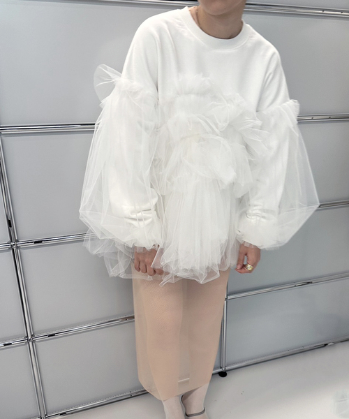 EDIT. FOR LULU(エディットフォールル)の「【VIVIANO / ヴィヴィアーノ】別注Gathered Tulle Trimmed スウェット(スウェット・レディース・ホワイト・SMALL)」の13枚目の写真