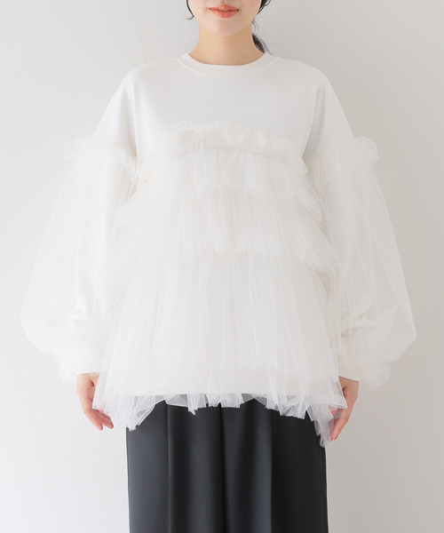 EDIT.FOR LULU VIVIANO チュール スウェット セール】【VIVIANO / ヴィヴィアーノ】別注Gathered Tulle Trimmed