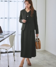 7days Life Styling | 【洗える】ウール調キーネックジャケットアンサンブルスーツ(ジャケット+Vネック八分袖丈フレアワンピース)(スーツセット)