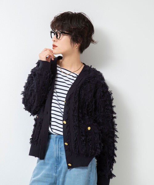 セール】《手洗い可能》カットジャガードVネックカーディガン