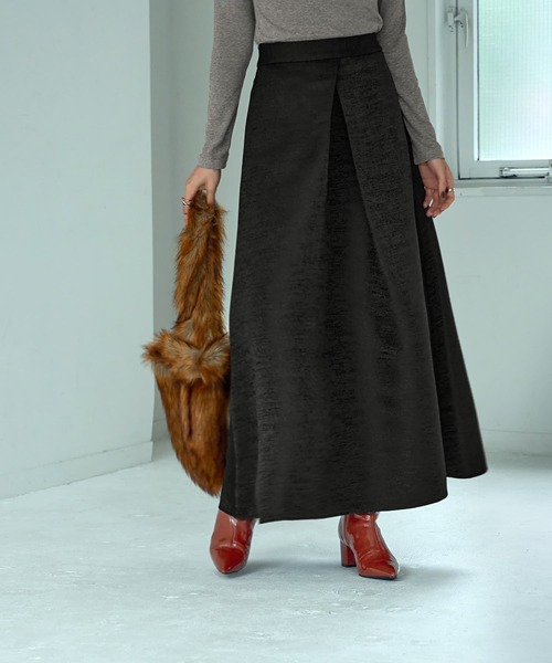 LUXE】微光沢ジャガードマキシ丈タックスカート／95cm（スカート