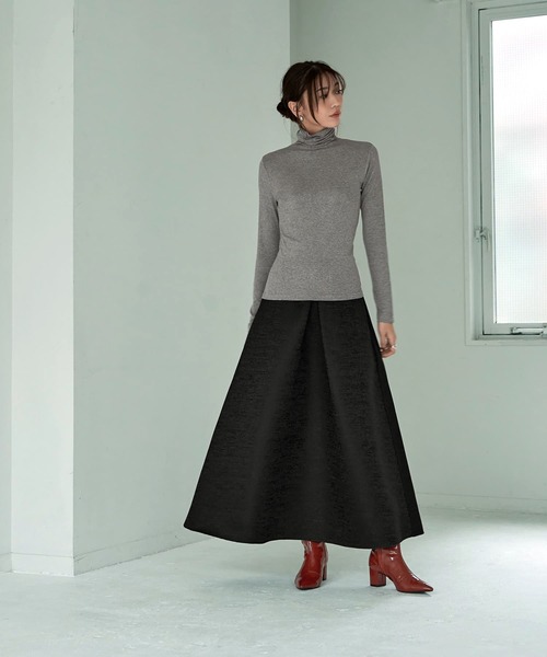 LUXE】微光沢ジャガードマキシ丈タックスカート／95cm（スカート