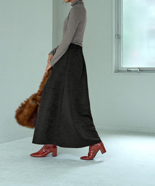 STYLE DELI(スタイルデリ)の「【LUXE】微光沢ジャガードマキシ丈タックスカート/95cm(スカート・レディース・グレー/ブラック/イエロー・M/S)」の14枚目の写真