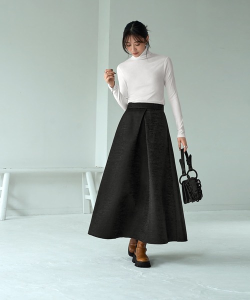 LUXE】微光沢ジャガードマキシ丈タックスカート／95cm（スカート
