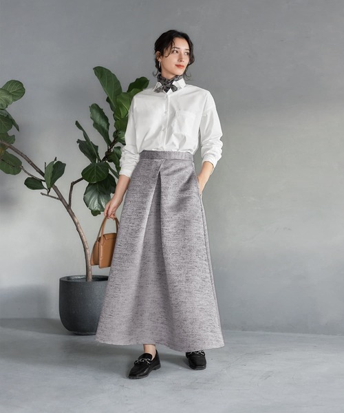 LUXE】微光沢ジャガードマキシ丈タックスカート／95cm（スカート