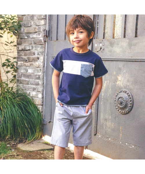 BeBe（ベベ）の「【お揃い】ギンガムチェックポケット配色天竺Tシャツ(90~150cm)（Tシャツ/カットソー・キッズ・グリーン/ネイビー・130cm/120cm/110cm/140cm/100cm/150cm/90cm）」の3枚目の写真