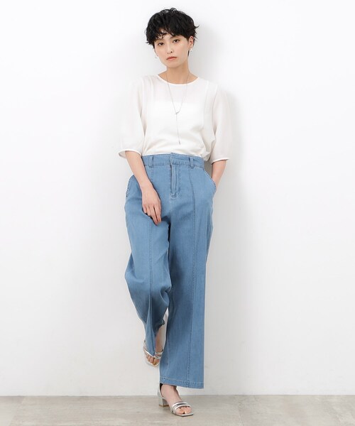 OPAQUE.CLIP（オペークドットクリップ）の「◆ストレッチデニムワイドパンツ【洗濯機洗い可】（デニムパンツ・レディース・ネイビー/ブルー・38/40/42）」の12枚目の写真