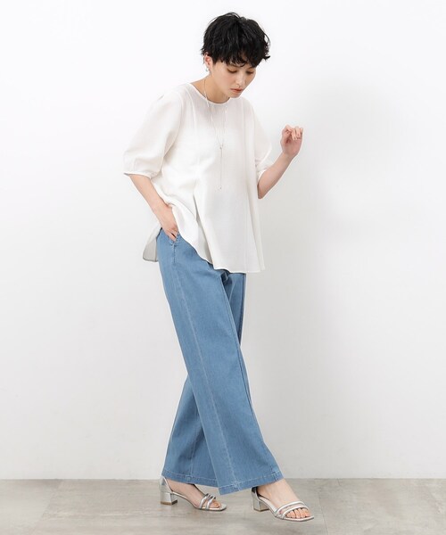 OPAQUE.CLIP（オペークドットクリップ）の「◆ストレッチデニムワイドパンツ【洗濯機洗い可】（デニムパンツ・レディース・ネイビー/ブルー・38/40/42）」の11枚目の写真