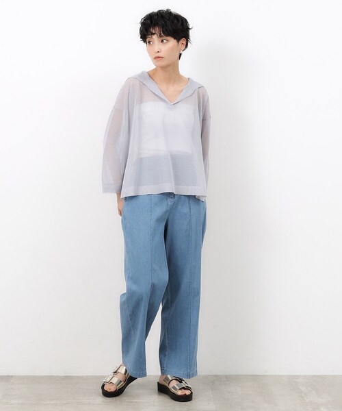 OPAQUE.CLIP（オペークドットクリップ）の「◆ストレッチデニムワイドパンツ【洗濯機洗い可】（デニムパンツ・レディース・ネイビー/ブルー・38/40/42）」の10枚目の写真