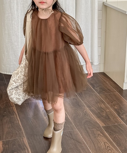 aimoha（アイモハ）の「aimoha-KIDS- メッシュワンピース (SS)（ワンピース・キッズ・オフホワイト/チョコ・90/100/110/120/80/130）」の2枚目の写真