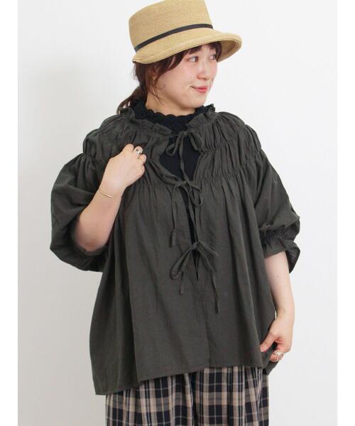 【OUR】リボンギャザーブラウス・黒 リボン ギャザー ブラウス