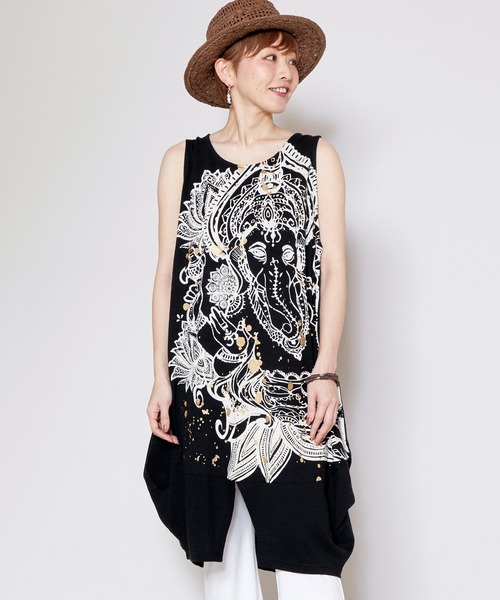 チャイハネ(チャイハネ)の「【チャイハネ】ゴーシャノースリーブワンピース(チュニック・レディース・ブラック/ホワイト/ベージュ・FREE)」の1枚目の写真