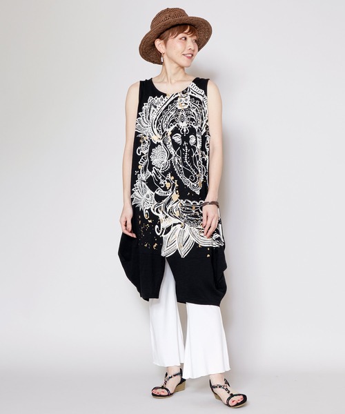 チャイハネ(チャイハネ)の「【チャイハネ】ゴーシャノースリーブワンピース(チュニック・レディース・ブラック/ホワイト/ベージュ・FREE)」の16枚目の写真