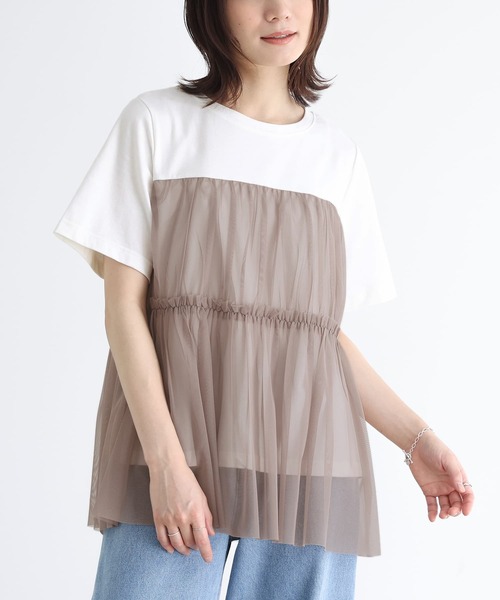 n'OrLABEL(ノアールレーベル)の「ビスチェ風チュールレイヤードTシャツ(Tシャツ/カットソー・レディース・オフホワイト/モカ/チャコール・1/2)」の3枚目の写真
