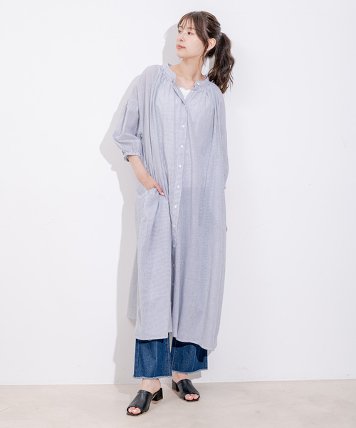 Jayro(ジャイロ)の「インド綿ボイルストライプワンピース(シャツワンピース・レディース・ブルー/ブラック・M)」の1枚目の写真