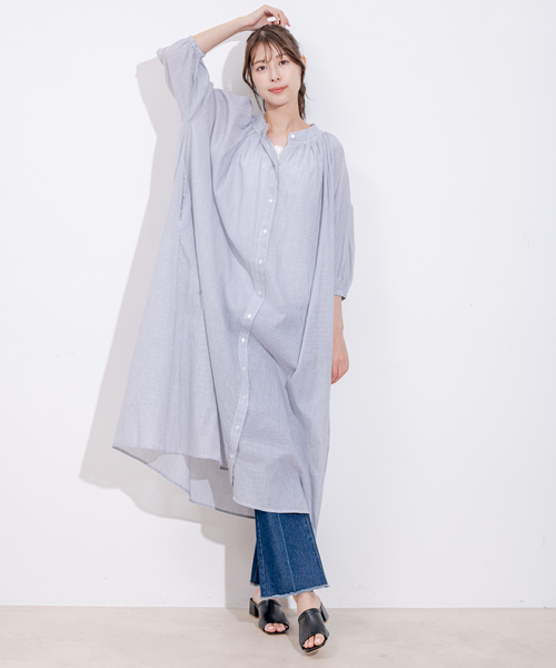 Jayro(ジャイロ)の「インド綿ボイルストライプワンピース(シャツワンピース・レディース・ブルー/ブラック・M)」の7枚目の写真