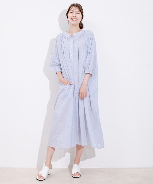 Jayro(ジャイロ)の「インド綿ボイルストライプワンピース(シャツワンピース・レディース・ブルー/ブラック・M)」の6枚目の写真