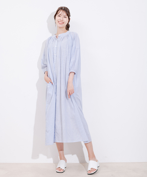 Jayro(ジャイロ)の「インド綿ボイルストライプワンピース(シャツワンピース・レディース・ブルー/ブラック・M)」の3枚目の写真