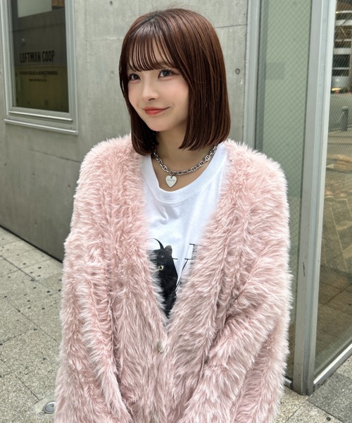 INTER FACTORY（インターファクトリー）の「さくら - シャギーニットVネックカーディガン - made in INTER FACTORY（カーディガン/ボレロ・レディース・ピンク/グレー・FREE）」の3枚目の写真