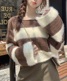 オーバーフィット ボーダーニット 長袖 パフ袖 ニット