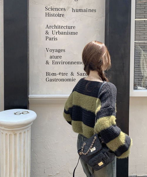 VIVID LADY(ビビッドレディー)の「オーバーフィット ボーダーニット 長袖 パフ袖 ニット(ニット/セーター・レディース・ブラウン/ブラック/カーキ・FREE)」の18枚目の写真