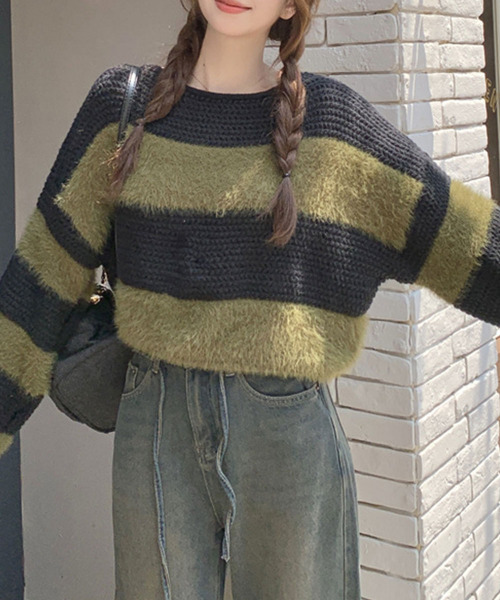 VIVID LADY(ビビッドレディー)の「オーバーフィット ボーダーニット 長袖 パフ袖 ニット(ニット/セーター・レディース・ブラウン/ブラック/カーキ・FREE)」の21枚目の写真