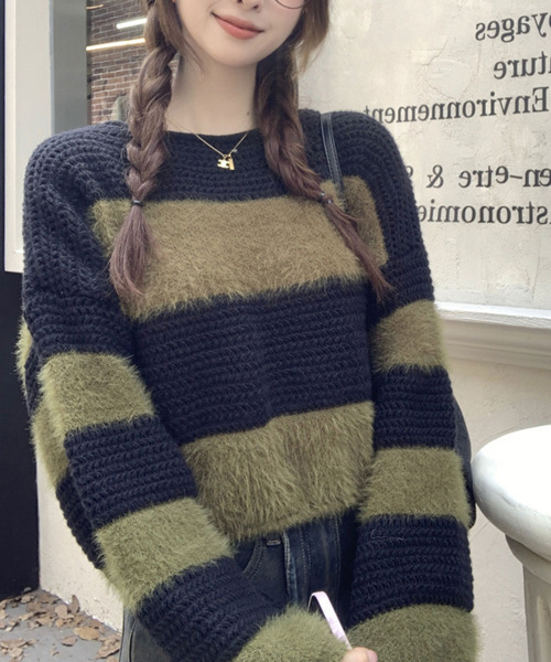 VIVID LADY(ビビッドレディー)の「オーバーフィット ボーダーニット 長袖 パフ袖 ニット(ニット/セーター・レディース・ブラウン/ブラック/カーキ・FREE)」の22枚目の写真