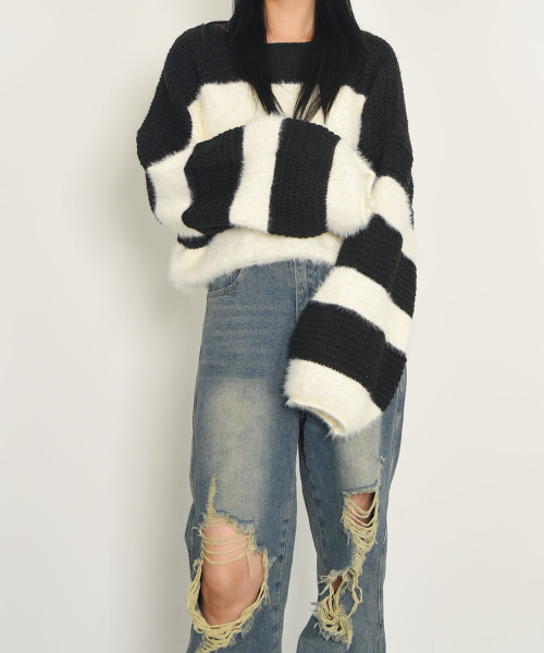 VIVID LADY(ビビッドレディー)の「オーバーフィット ボーダーニット 長袖 パフ袖 ニット(ニット/セーター・レディース・ブラウン/ブラック/カーキ・FREE)」の10枚目の写真