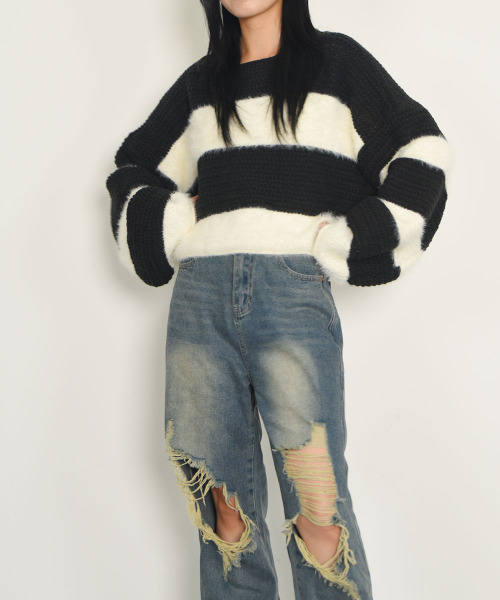 VIVID LADY(ビビッドレディー)の「オーバーフィット ボーダーニット 長袖 パフ袖 ニット(ニット/セーター・レディース・ブラウン/ブラック/カーキ・FREE)」の12枚目の写真