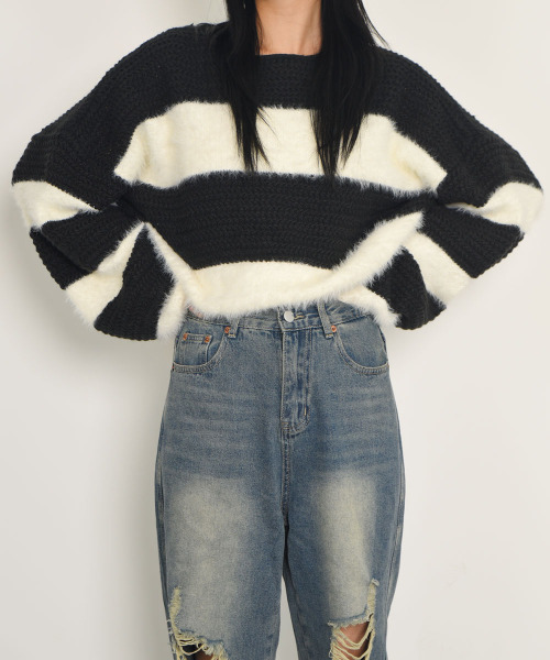 VIVID LADY(ビビッドレディー)の「オーバーフィット ボーダーニット 長袖 パフ袖 ニット(ニット/セーター・レディース・ブラウン/ブラック/カーキ・FREE)」の14枚目の写真