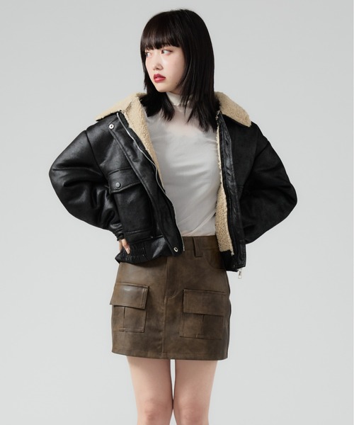 Chick（チック）の「Boa Liner Fake Leather Blouson / 襟ボア レザージャケット（ブルゾン・レディース・ブラック/ブラウン・FREE）」の7枚目の写真