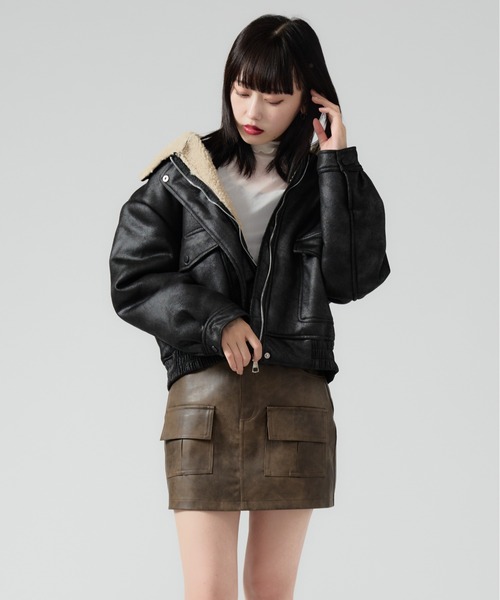 セール】Boa Liner Fake Leather Blouson / 襟ボア レザージャケット