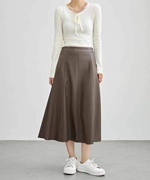 セール】ハイウエスト レザー調 Aライン ミディ丈 スカート