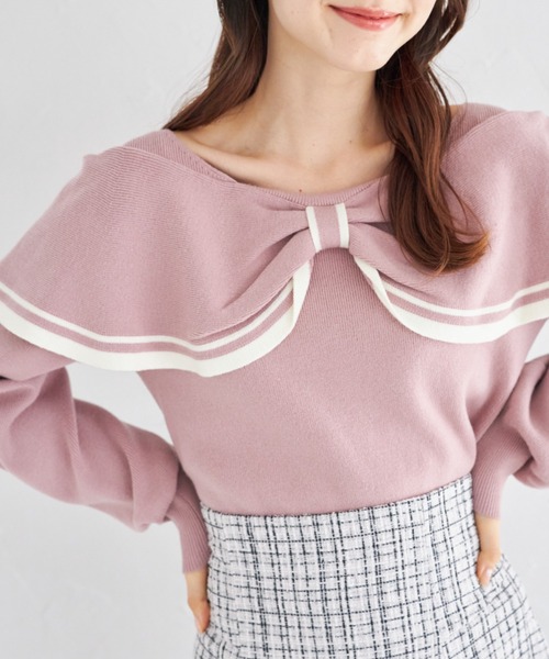 tocco closet(トッコ クローゼット)の「袖口パール付き前後2WAY配色リボンニットプルオーバー(ニット/セーター・レディース・アイボリー/ピンク・M)」の2枚目の写真