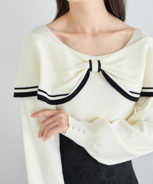 tocco closet(トッコ クローゼット)の「袖口パール付き前後2WAY配色リボンニットプルオーバー(ニット/セーター・レディース・アイボリー/ピンク・M)」の1枚目の写真