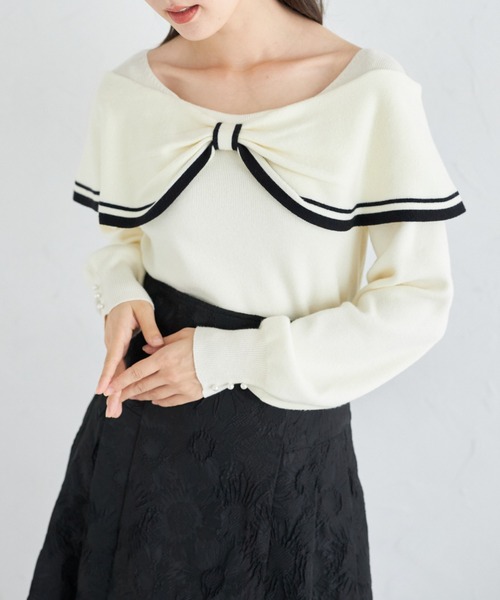 tocco closet(トッコ クローゼット)の「袖口パール付き前後2WAY配色リボンニットプルオーバー(ニット/セーター・レディース・アイボリー/ピンク・M)」の6枚目の写真
