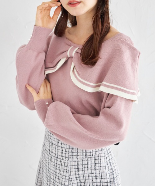 tocco closet(トッコ クローゼット)の「袖口パール付き前後2WAY配色リボンニットプルオーバー(ニット/セーター・レディース・アイボリー/ピンク・M)」の10枚目の写真