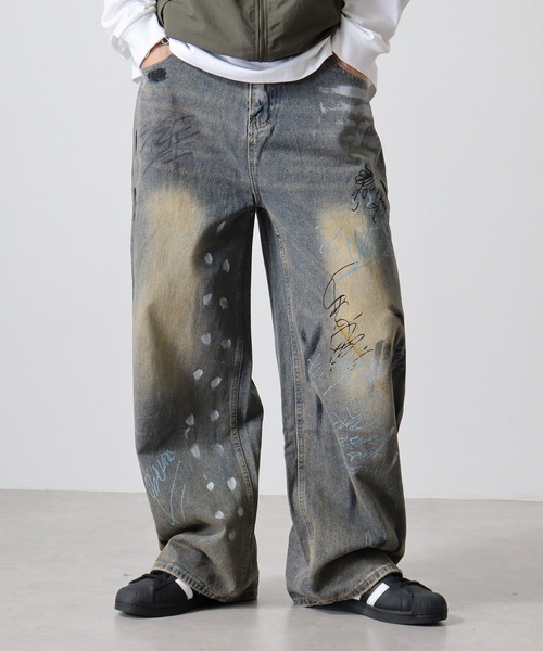 Washed denim wide pants