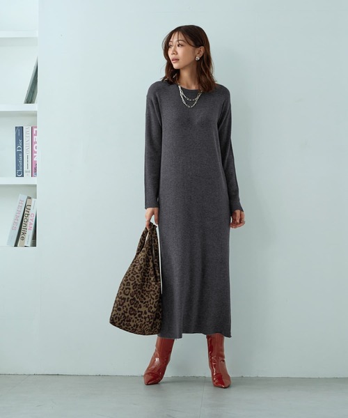 STYLE DELI(スタイルデリ)の「エアリー細リブニットワンピースB(ワンピース・レディース・グレー系その他/ブラック/レッド系その他・MEDIUM/SMALL)」の1枚目の写真