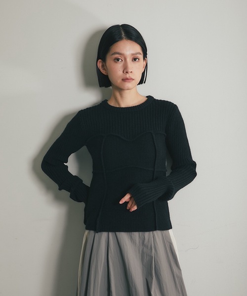 ビスチェリブトップス セール】ビスチェデザインリブニットトップス（Tシャツ