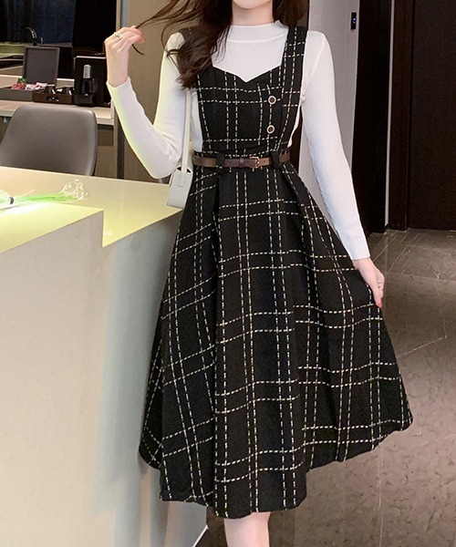 gossip!ロサンゼルス(ゴシップロサンゼルス)の「Y2K チェック柄スイッチングロングキャミワンピース(ワンピース・レディース・カーキ/ブラウン/ネイビー/ブラック・M/L)」の1枚目の写真