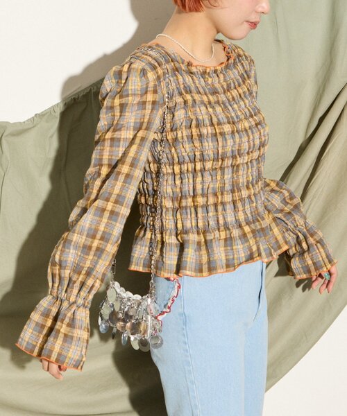HELLO.SANFRANCISCO(ハローサンフランシスコ)の「【HELLO.SANFRANCISCO】配色メローシャーリングチェックブラウス(シャツ/ブラウス・レディース・グレー/ブラウン・ONE SIZE)」の1枚目の写真