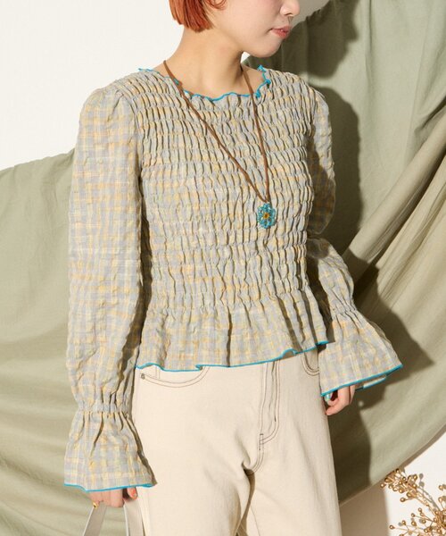 HELLO.SANFRANCISCO(ハローサンフランシスコ)の「【HELLO.SANFRANCISCO】配色メローシャーリングチェックブラウス(シャツ/ブラウス・レディース・グレー/ブラウン・ONE SIZE)」の2枚目の写真