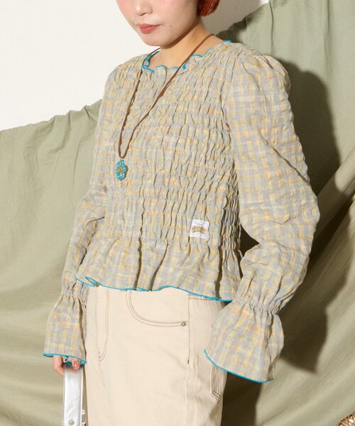 HELLO.SANFRANCISCO(ハローサンフランシスコ)の「【HELLO.SANFRANCISCO】配色メローシャーリングチェックブラウス(シャツ/ブラウス・レディース・グレー/ブラウン・ONE SIZE)」の3枚目の写真