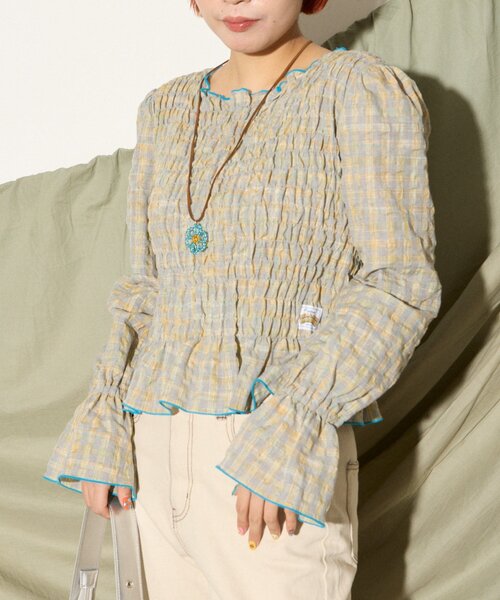 HELLO.SANFRANCISCO(ハローサンフランシスコ)の「【HELLO.SANFRANCISCO】配色メローシャーリングチェックブラウス(シャツ/ブラウス・レディース・グレー/ブラウン・ONE SIZE)」の4枚目の写真