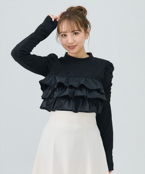 REDYAZEL(レディアゼル)の「異素材フリルトップス(Tシャツ/カットソー・レディース・オフホワイト/ブルー/ブラック・FREE)」の1枚目の写真