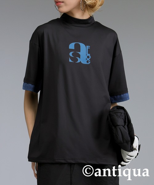 antiqua(アンティカ)の「【STCH】切り替えロゴトップス(Tシャツ/カットソー・レディース・ブラック/ホワイト/グリーン・LXL/ML)」の1枚目の写真