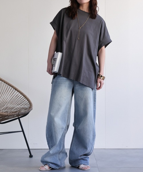 ap retro(アプレトロ)の「【接触冷感】フレンチスリーブTee / オーバーサイズTeeシャツ(Tシャツ/カットソー・レディース・ブルー/アイボリー/ブラック/チャコール・FREE)」の15枚目の写真