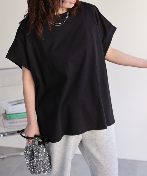 ap retro(アプレトロ)の「【接触冷感】フレンチスリーブTee / オーバーサイズTeeシャツ(Tシャツ/カットソー・レディース・ブルー/アイボリー/ブラック/チャコール・FREE)」の5枚目の写真