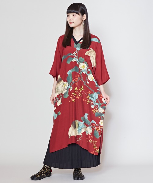 倭物やカヤ(ワモノヤカヤ)の「【倭物やカヤ】花鳥ワンピース(ワンピース・レディース・ブラック/レッド/ホワイト/ネイビー・FREE)」の11枚目の写真